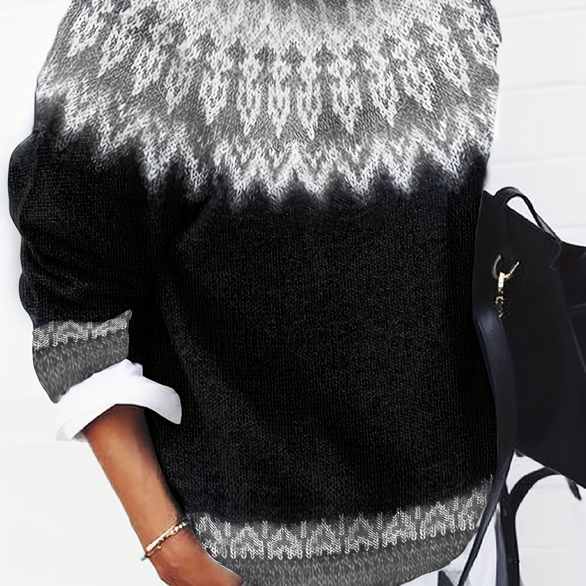 Jumper Chunky Knit Women's Green Black Fair Isle Round Neck Pullover – Casual, Winter Layering Gift