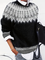 Jumper Chunky Knit Women's Green Black Fair Isle Round Neck Pullover – Casual, Winter Layering Gift