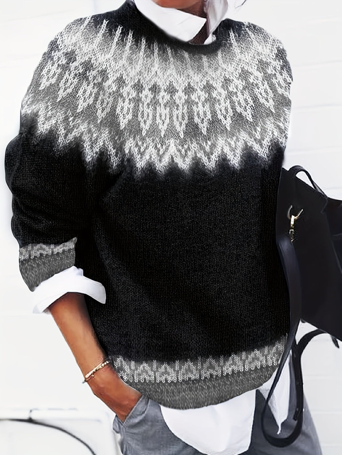 Jumper Chunky Knit Women's Green Black Fair Isle Round Neck Pullover – Casual, Winter Layering Gift