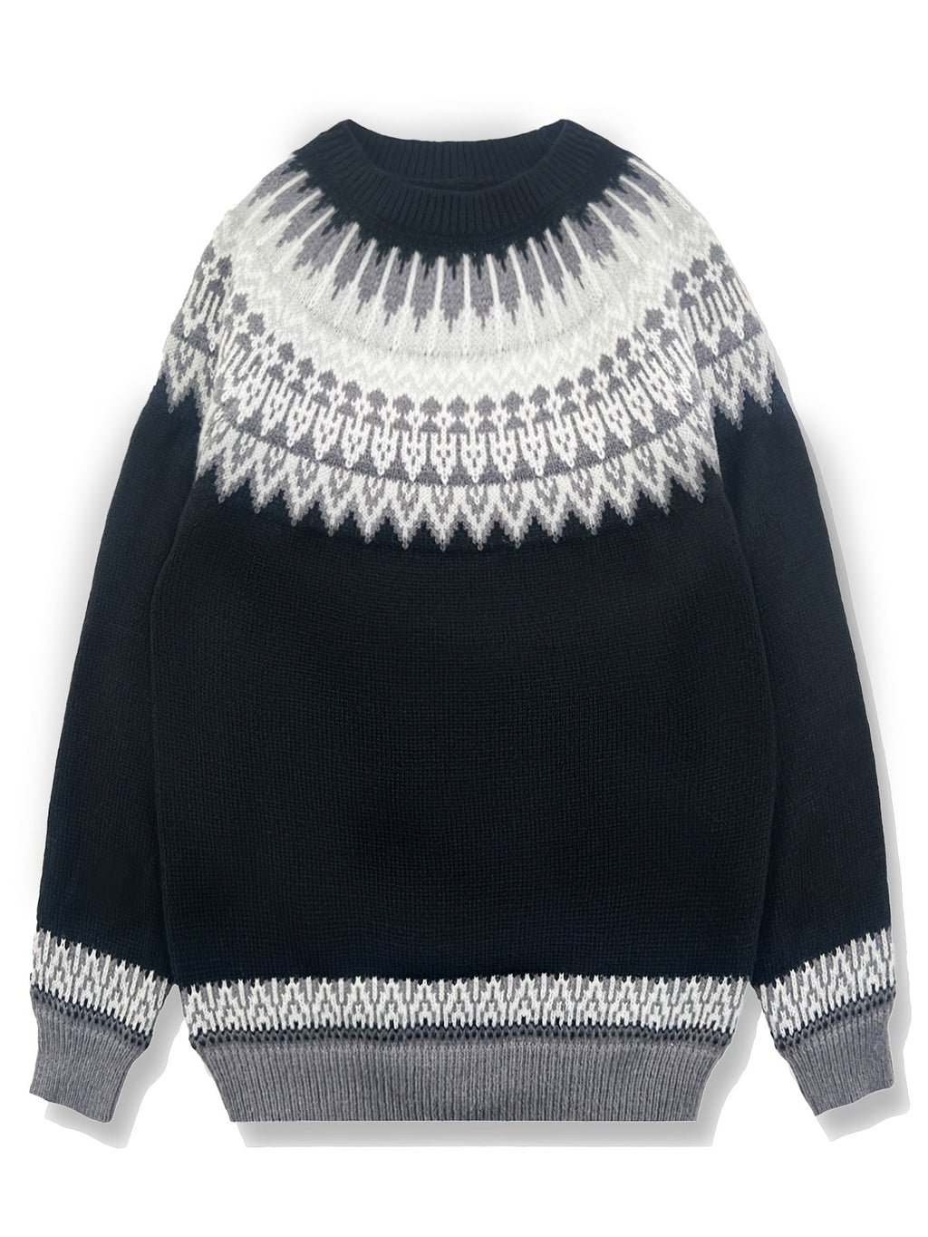 Jumper Chunky Knit Women's Green Black Fair Isle Round Neck Pullover – Casual, Winter Layering Gift