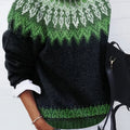 Jumper Chunky Knit Women's Green Black Fair Isle Round Neck Pullover – Casual, Winter Layering Gift