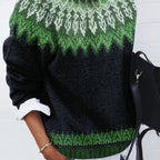 Jumper Chunky Knit Women's Green Black Fair Isle Round Neck Pullover – Casual, Winter Layering Gift