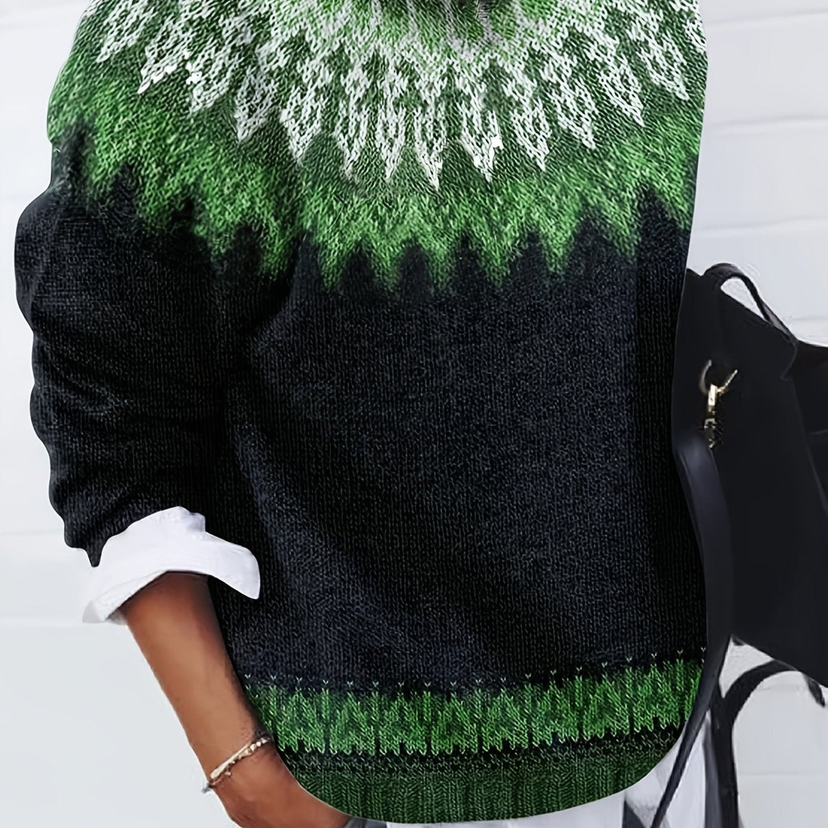 Jumper Chunky Knit Women's Green Black Fair Isle Round Neck Pullover – Casual, Winter Layering Gift