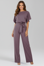 Jumpsuit Women's Black Wide-Leg Short Sleeve with Tie Belt – Office, Holiday · Werune