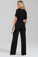 Jumpsuit Women's Black Wide-Leg Short Sleeve with Tie Belt – Office, Holiday · Werune