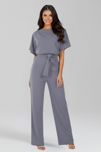 Jumpsuit Women's Black Wide-Leg Short Sleeve with Tie Belt – Office, Holiday · Werune