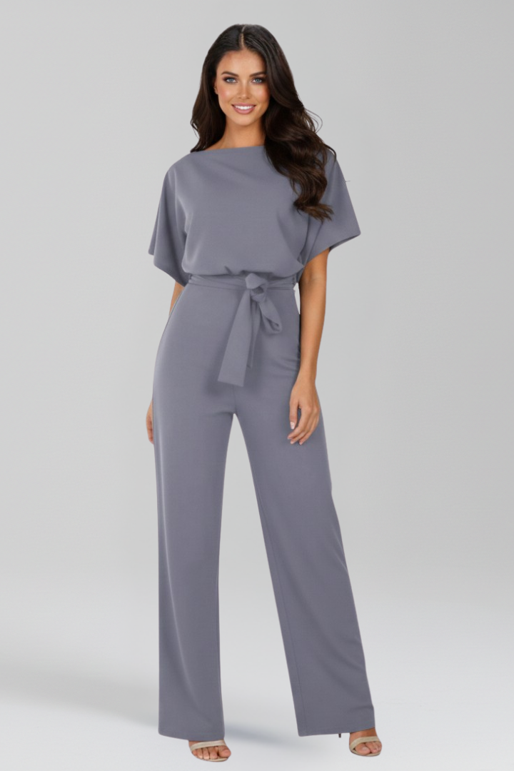 Jumpsuit Women's Black Wide-Leg Short Sleeve with Tie Belt – Office, Holiday · Werune