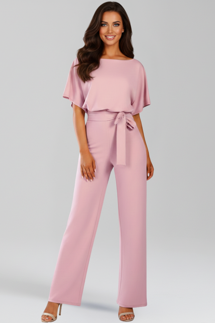 Jumpsuit Women's Black Wide-Leg Short Sleeve with Tie Belt – Office, Holiday · Werune