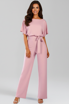 Jumpsuit Women's Black Wide-Leg Short Sleeve with Tie Belt – Office, Holiday · Werune