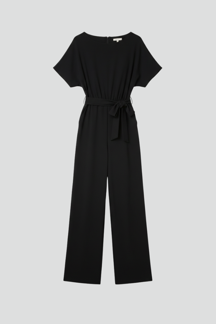 Jumpsuit Women's Black Wide-Leg Short Sleeve with Tie Belt – Office, Holiday · Werune