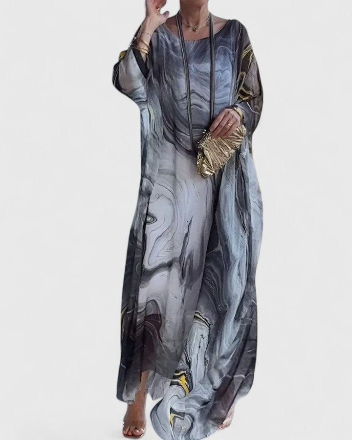 Kaftan Maxi Dress Blue Marble Print Women's Batwing Sleeve – Party, Special Occasion, Evening