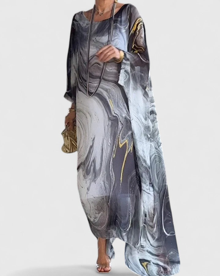 Kaftan Maxi Dress Blue Marble Print Women's Batwing Sleeve – Party, Special Occasion, Evening