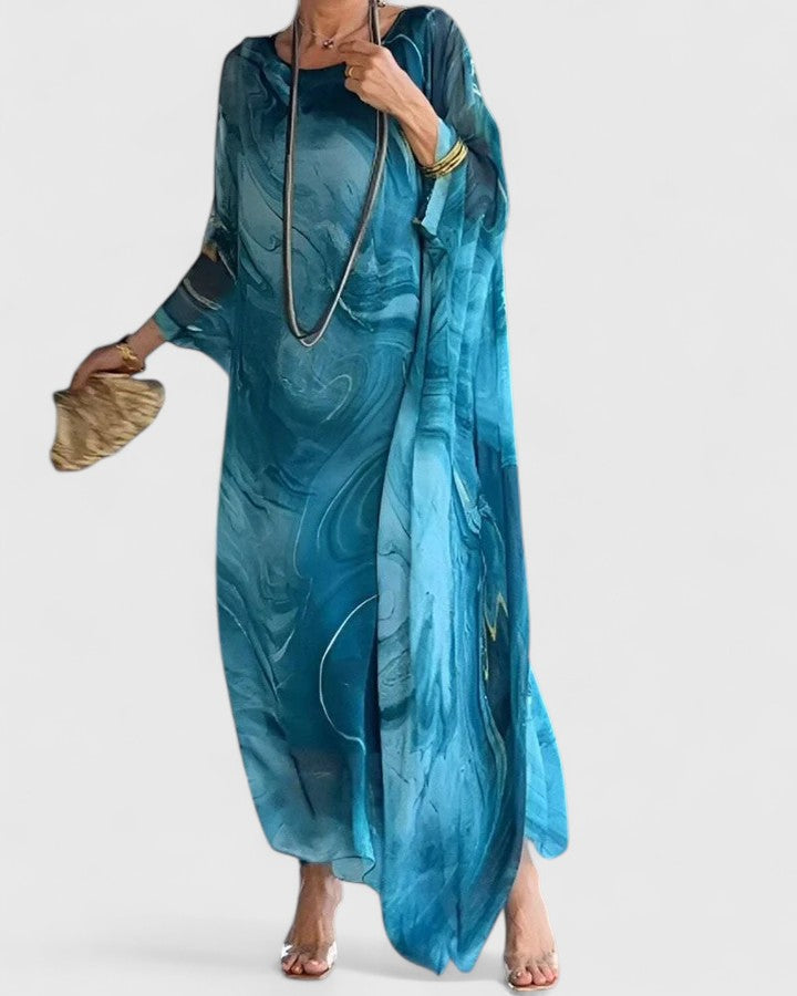 Kaftan Maxi Dress Blue Marble Print Women's Batwing Sleeve – Party, Special Occasion, Evening