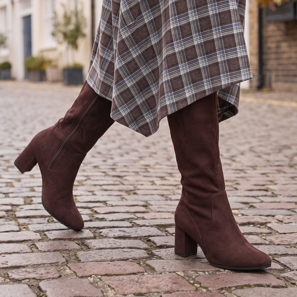 Knee High Boots Brown Suede Block Heel Women's Stretch – Casual, Office · Werune