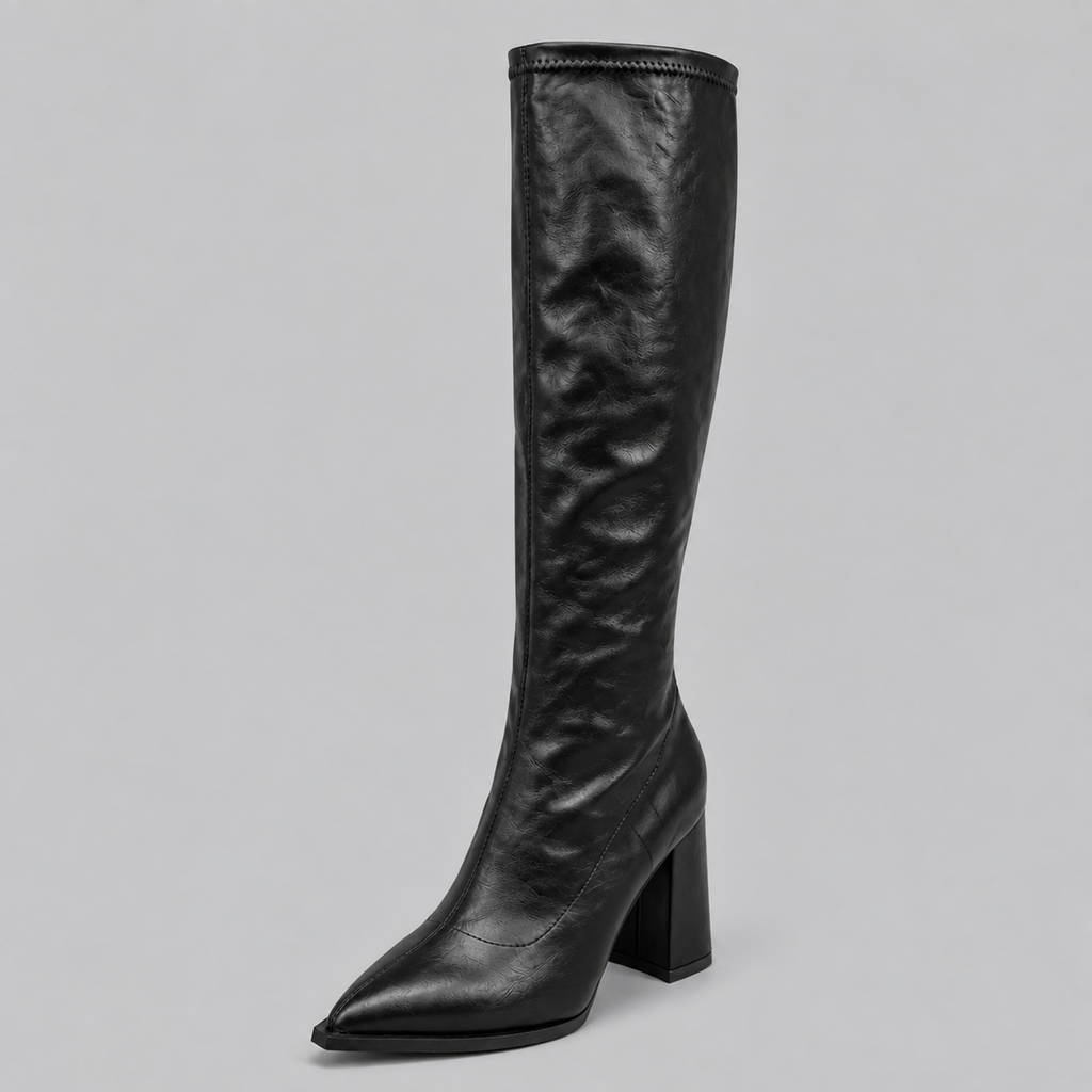 Knee-High Boots Faux Leather Black Women's Pointed Toe Block Heel – Casual, Office, Holiday