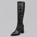 Knee-High Boots Faux Leather Black Women's Pointed Toe Block Heel – Casual, Office, Holiday