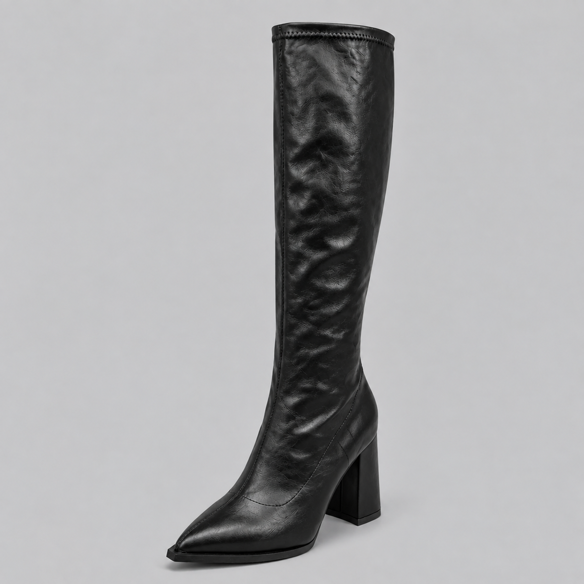 Knee-High Boots Faux Leather Black Women's Pointed Toe Block Heel – Casual, Office, Holiday