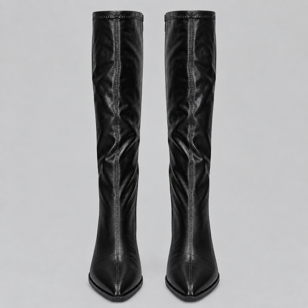 Knee-High Boots Faux Leather Black Women's Pointed Toe Block Heel – Casual, Office, Holiday