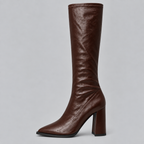 Knee-High Boots Faux Leather Black Women's Pointed Toe Block Heel – Casual, Office, Holiday