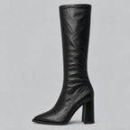 Knee-High Boots Faux Leather Black Women's Pointed Toe Block Heel – Casual, Office, Holiday