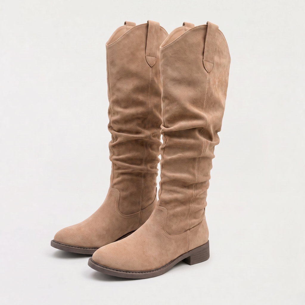 Knee-High Boots Faux Suede Taupe Women's Slouch Western Style – Casual, Autumn Winter Everyday Wear