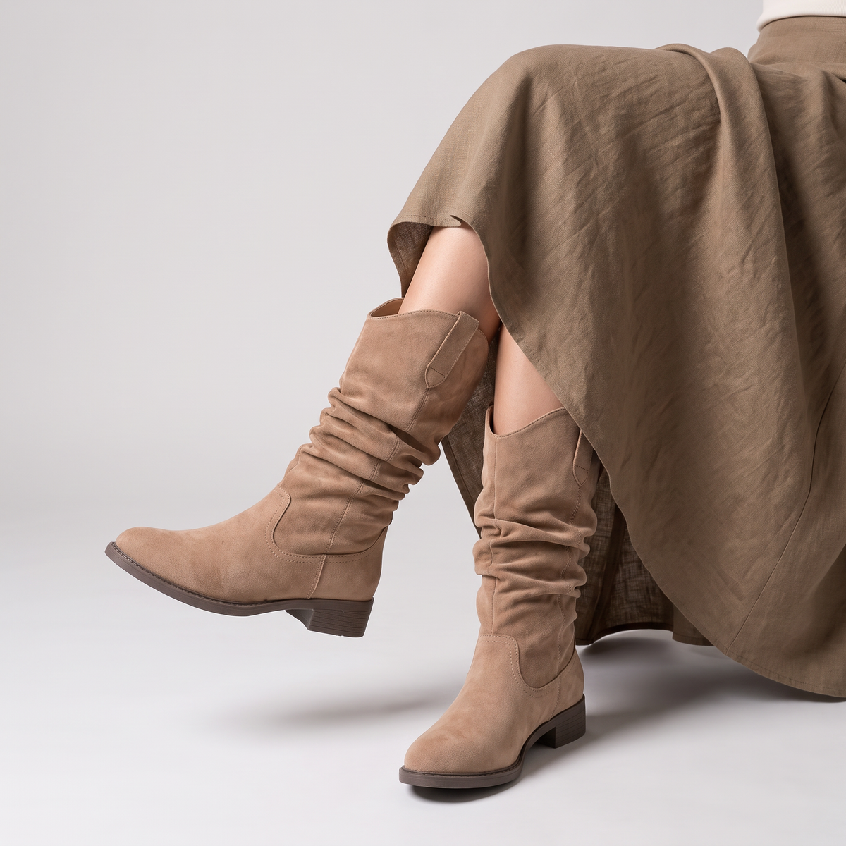Knee-High Boots Faux Suede Taupe Women's Slouch Western Style – Casual, Autumn Winter Everyday Wear