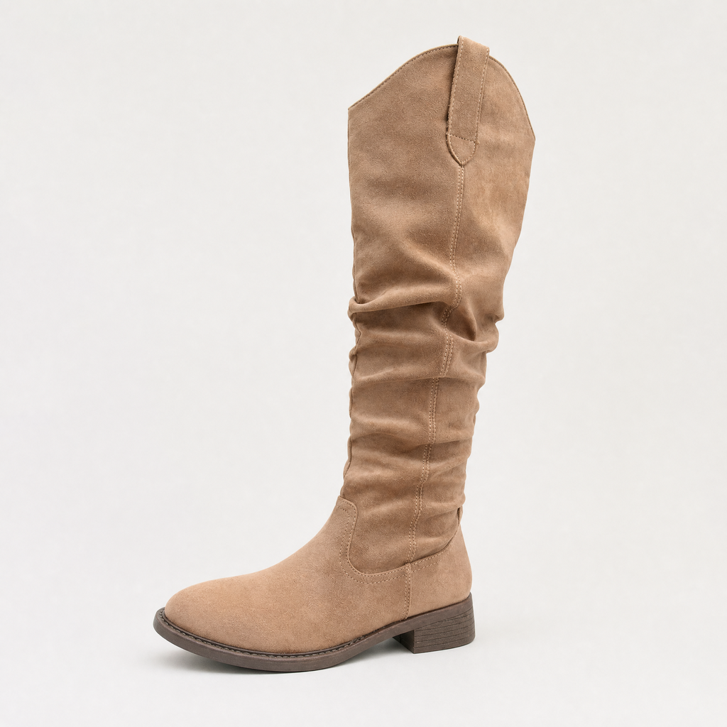 Knee-High Boots Faux Suede Taupe Women's Slouch Western Style – Casual, Autumn Winter Everyday Wear