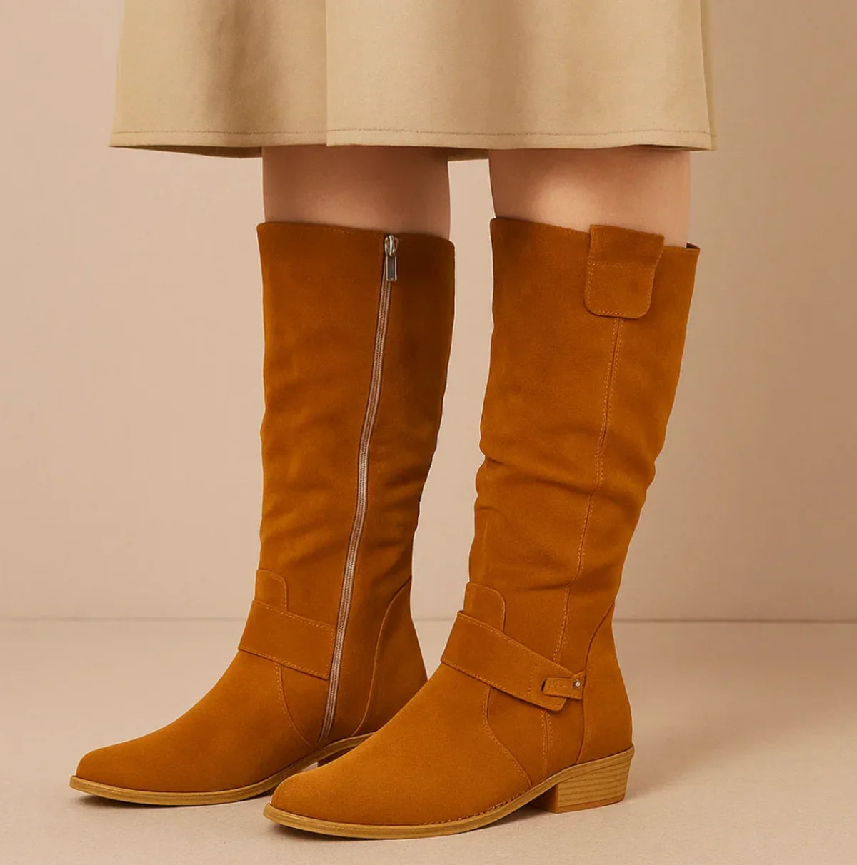 Knee-High Boots Suede Beige Women's Block Heel Slouch – Casual, Office, Holiday, Gift