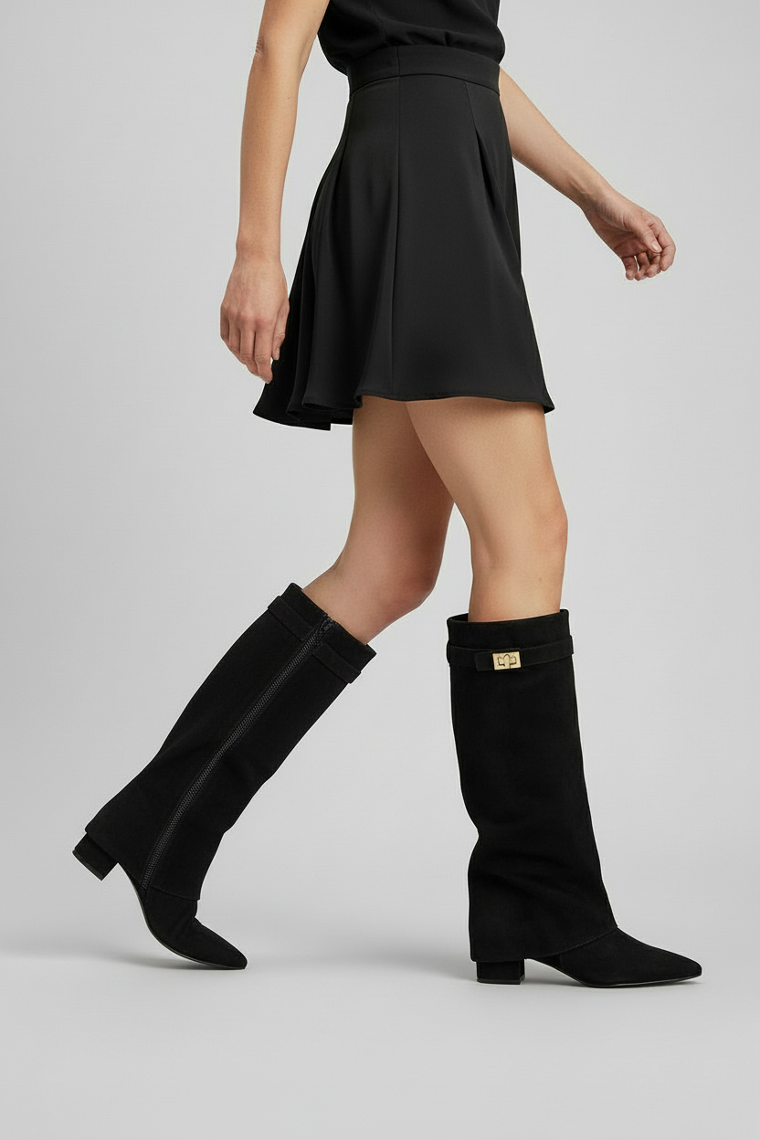 Knee High Boots Suede Black Women's Block Heel Fold-Over – Casual, Office, Holiday, Gift