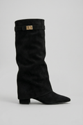 Knee High Boots Suede Black Women's Block Heel Fold-Over – Casual, Office, Holiday, Gift