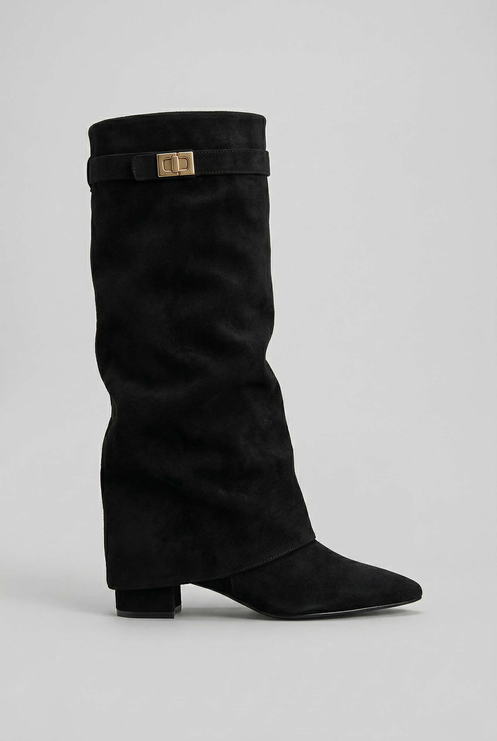 Knee High Boots Suede Black Women's Block Heel Fold-Over – Casual, Office, Holiday, Gift