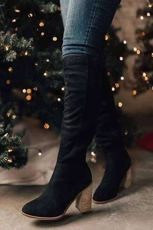 Knee High Boots Suede Cognac Brown Women's Slouchy Block Heel – Casual, Office, Holiday, Gift