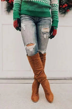 Knee High Boots Suede Cognac Brown Women's Slouchy Block Heel – Casual, Office, Holiday, Gift