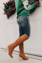 Knee High Boots Suede Cognac Brown Women's Slouchy Block Heel – Casual, Office, Holiday, Gift