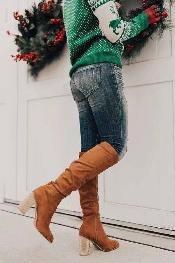 Knee High Boots Suede Cognac Brown Women's Slouchy Block Heel – Casual, Office, Holiday, Gift