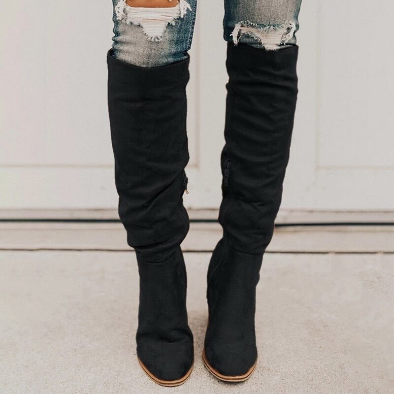Knee High Boots Suede Cognac Brown Women's Slouchy Block Heel – Casual, Office, Holiday, Gift