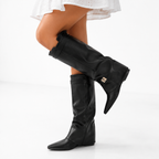 Knee-High Boots Vegan Leather Black Women's Pointed Toe Fold-Over – Casual, Office, Holiday, Gift