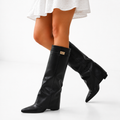 Knee-High Boots Vegan Leather Black Women's Pointed Toe Fold-Over – Casual, Office, Holiday, Gift