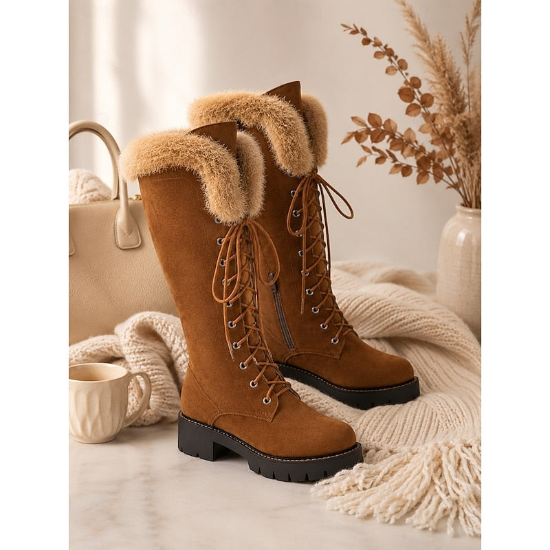 Knee-High Winter Boots Faux Fur Suede Lace-Up Women's Platform – Casual, Snow, Cold Weather, Gift