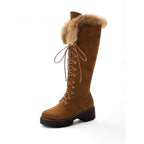 Knee-High Winter Boots Faux Fur Suede Lace-Up Women's Platform – Casual, Snow, Cold Weather, Gift
