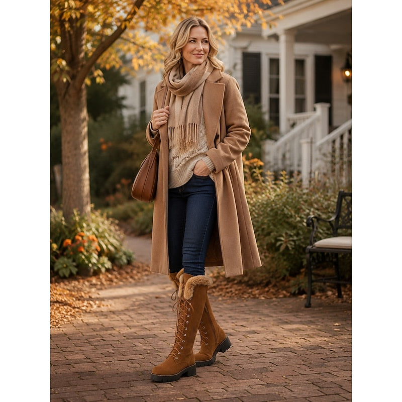 Knee-High Winter Boots Faux Fur Suede Lace-Up Women's Platform – Casual, Snow, Cold Weather, Gift