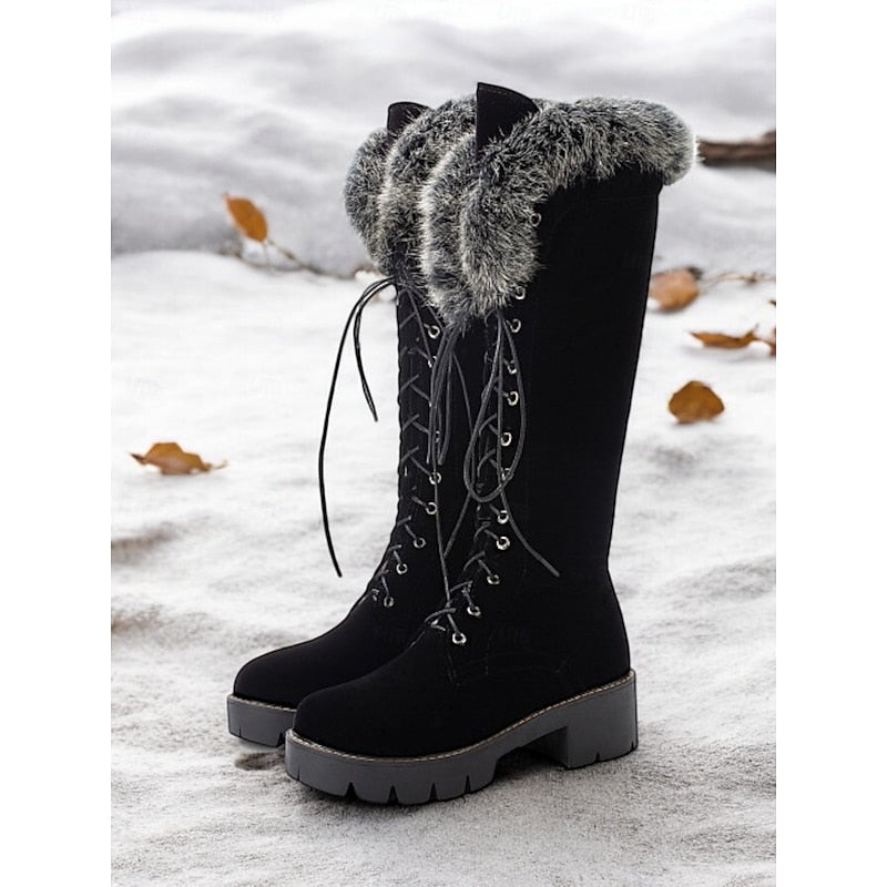 Knee-High Winter Boots Faux Fur Suede Lace-Up Women's Platform – Casual, Snow, Cold Weather, Gift