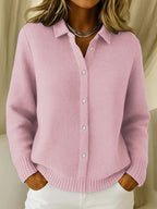 Knit Cardigan Button-Up Light Blue Women's Collared Long Sleeve – Casual, Office, Everyday Layering