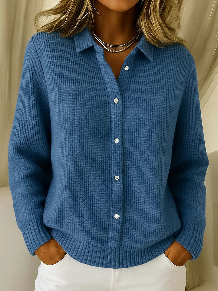 Knit Cardigan Button-Up Light Blue Women's Collared Long Sleeve – Casual, Office, Everyday Layering