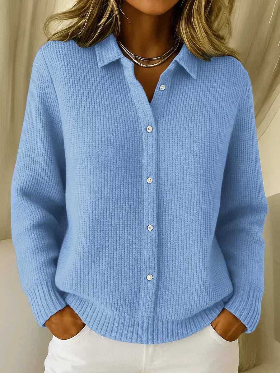 Knit Cardigan Button-Up Light Blue Women's Collared Long Sleeve – Casual, Office, Everyday Layering