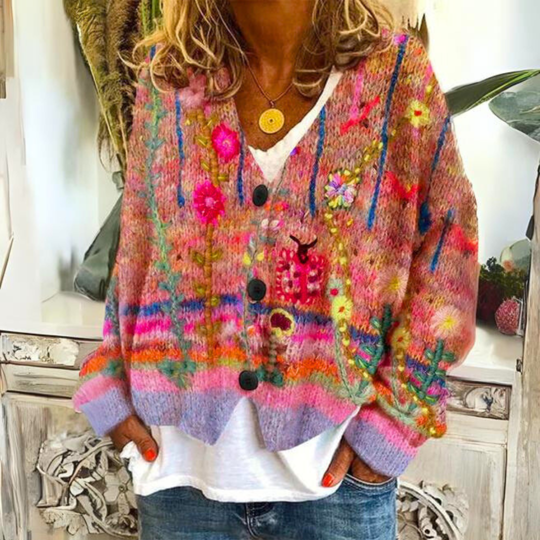 Knit Cardigan Floral Embroidered Women's V-Neck Button-Up Sweater – Casual, Office, Holiday, Gift