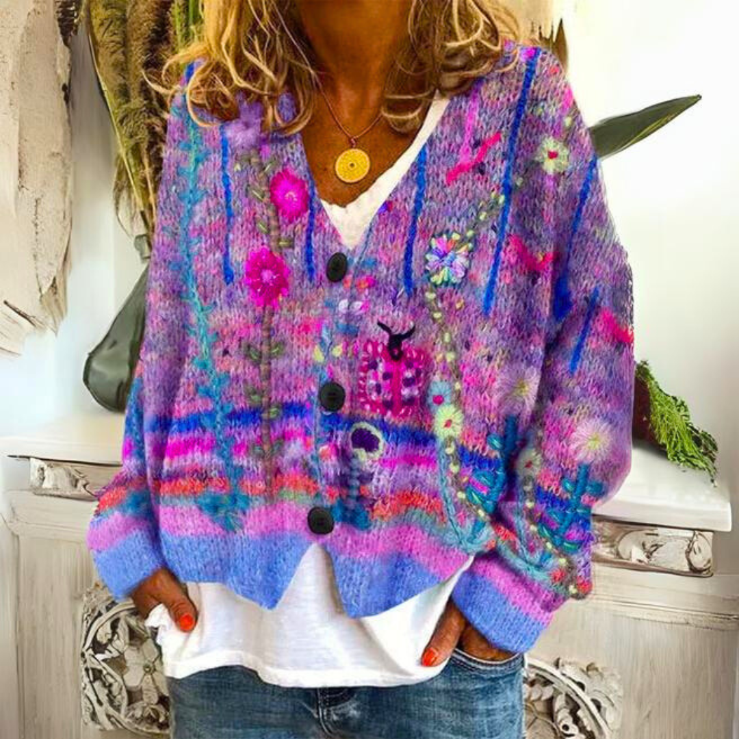 Knit Cardigan Floral Embroidered Women's V-Neck Button-Up Sweater – Casual, Office, Holiday, Gift