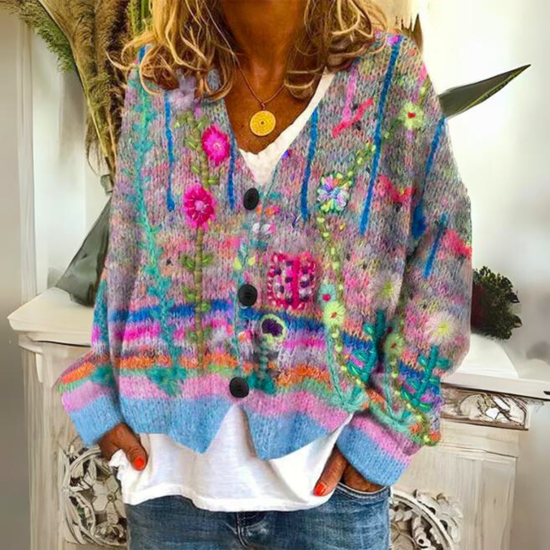 Knit Cardigan Floral Embroidered Women's V-Neck Button-Up Sweater – Casual, Office, Holiday, Gift