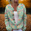 Knit Cardigan Green Floral Print Women's Button-Front Long Sleeve Sweater – Casual, Office, Gift