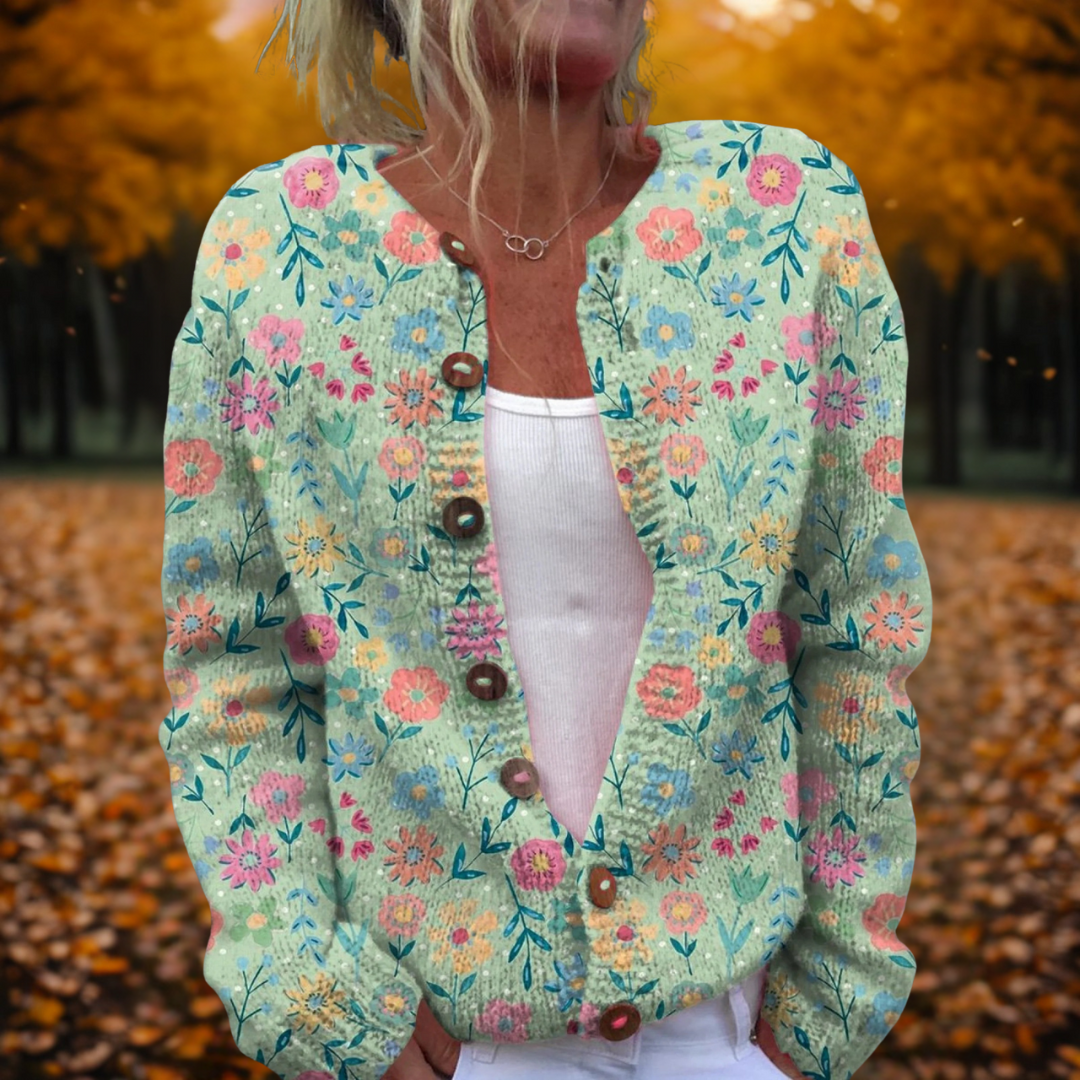 Knit Cardigan Green Floral Print Women's Button-Front Long Sleeve Sweater – Casual, Office, Gift